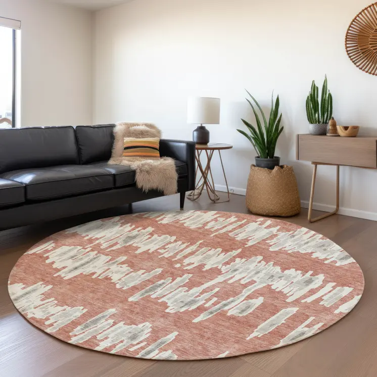8' Salmon And Gray Round Striped Washable Indoor Outdoor Area Rug