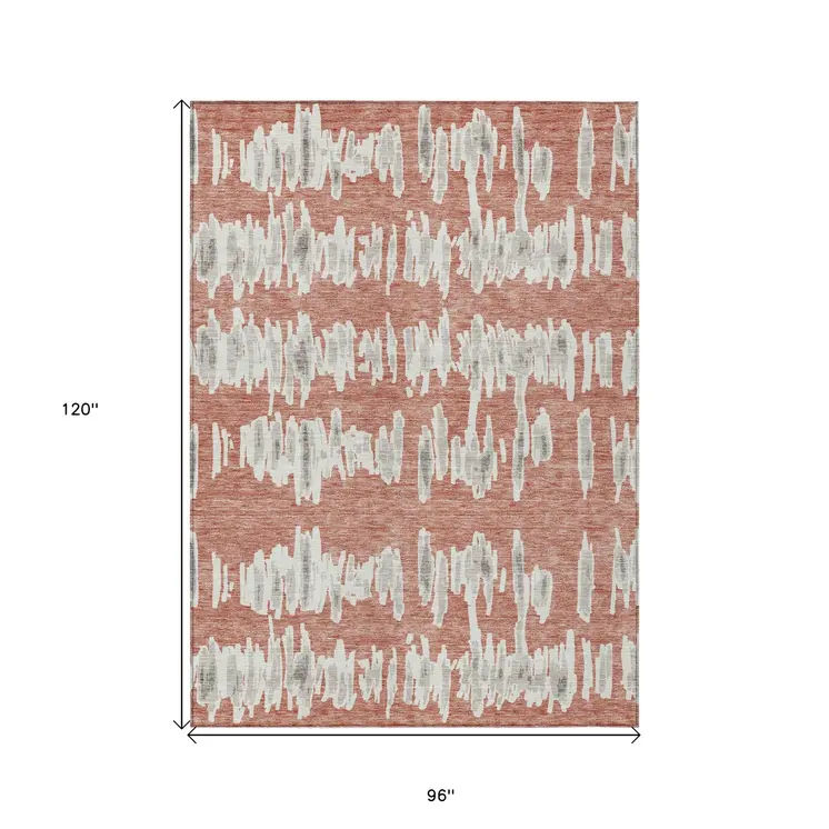 8' X 10' Salmon And Gray Striped Washable Indoor Outdoor Area Rug