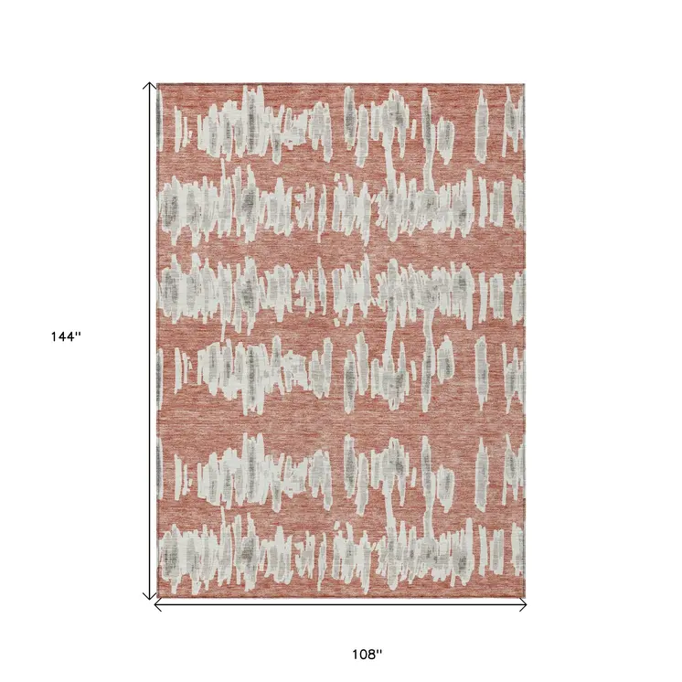 9' X 12' Salmon And Gray Striped Washable Indoor Outdoor Area Rug
