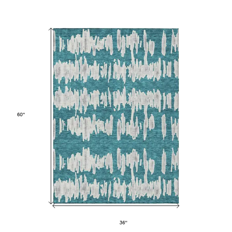 3' X 5' Teal Blue And Gray Striped Washable Indoor Outdoor Area Rug