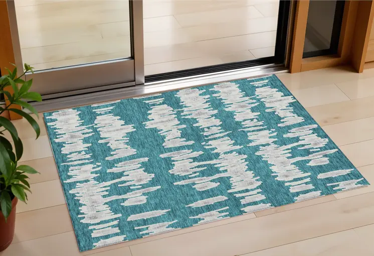3' X 5' Teal Blue And Gray Striped Washable Indoor Outdoor Area Rug
