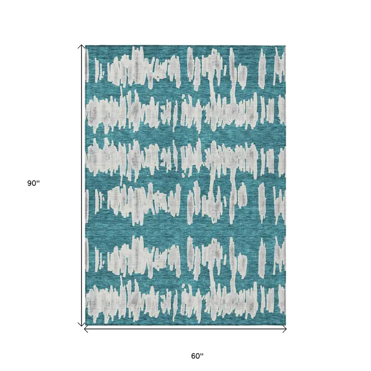 5' X 8' Teal Blue And Gray Striped Washable Indoor Outdoor Area Rug
