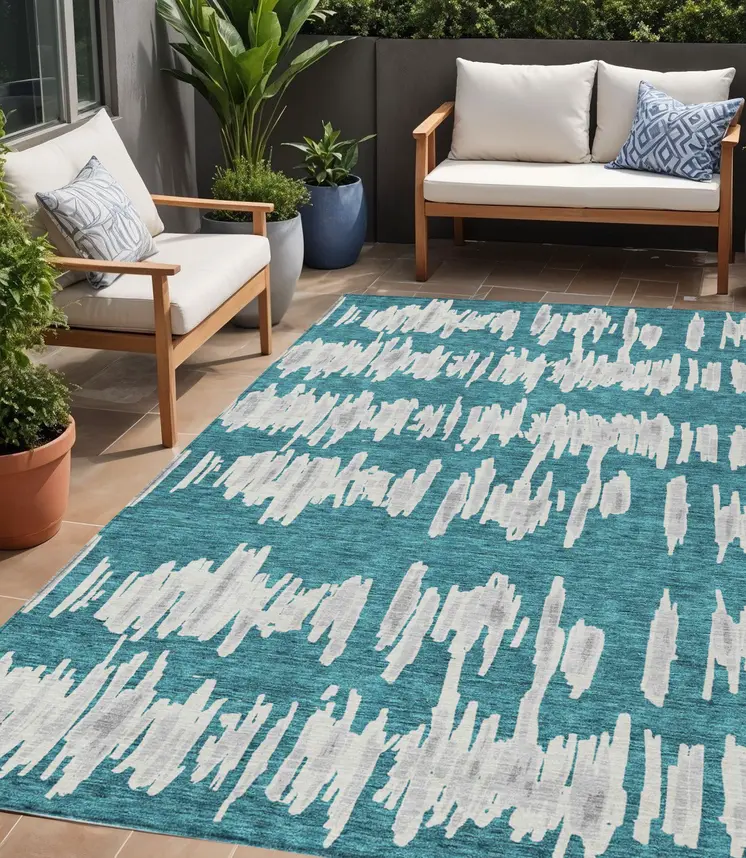 5' X 8' Teal Blue And Gray Striped Washable Indoor Outdoor Area Rug