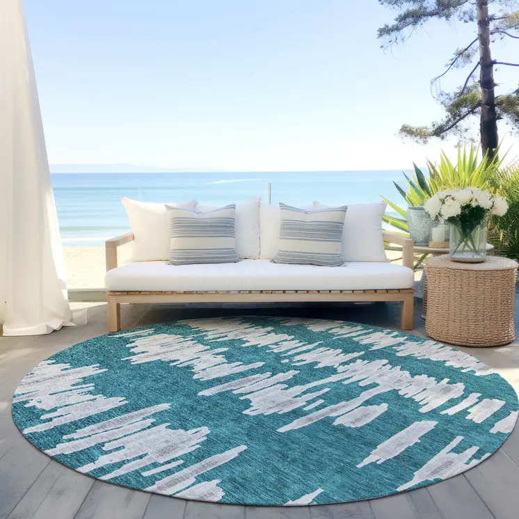 8' Teal Blue And Gray Round Striped Washable Indoor Outdoor Area Rug