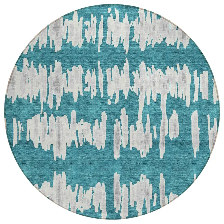8' Teal Blue And Gray Round Striped Washable Indoor Outdoor Area Rug