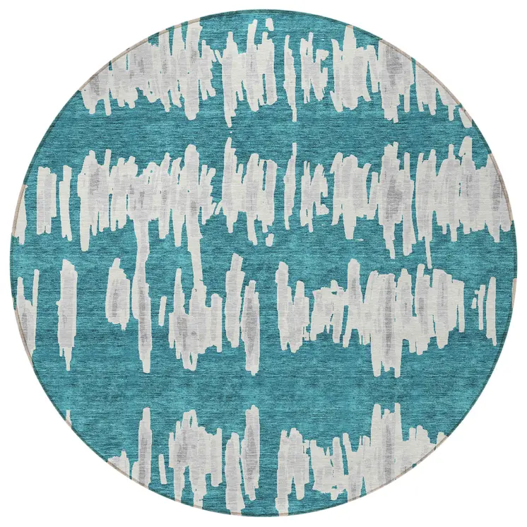 8' Teal Blue And Gray Round Striped Washable Indoor Outdoor Area Rug