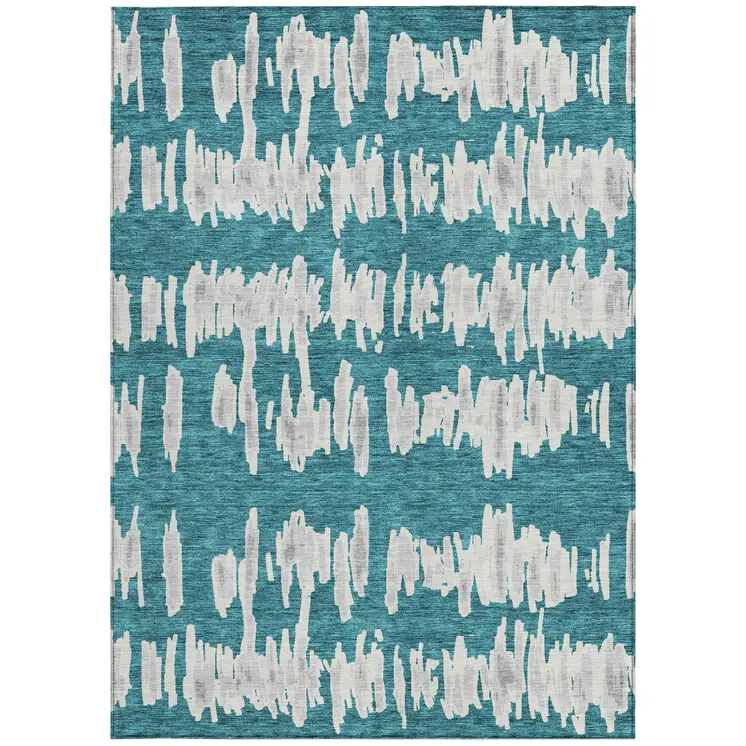 8' X 10' Teal Blue And Gray Striped Washable Indoor Outdoor Area Rug