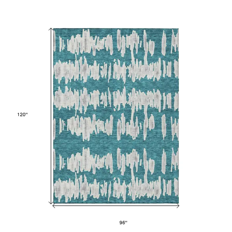 8' X 10' Teal Blue And Gray Striped Washable Indoor Outdoor Area Rug