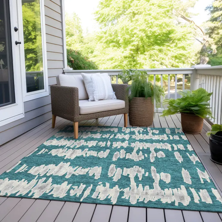 10' X 14' Teal Blue And Gray Striped Washable Indoor Outdoor Area Rug