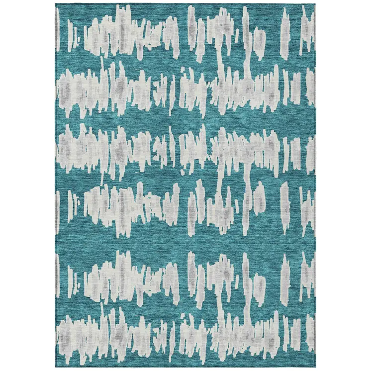 10' X 14' Teal Blue And Gray Striped Washable Indoor Outdoor Area Rug