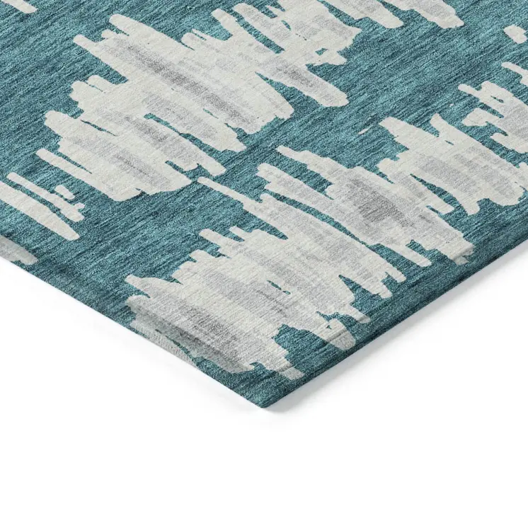 10' X 14' Teal Blue And Gray Striped Washable Indoor Outdoor Area Rug