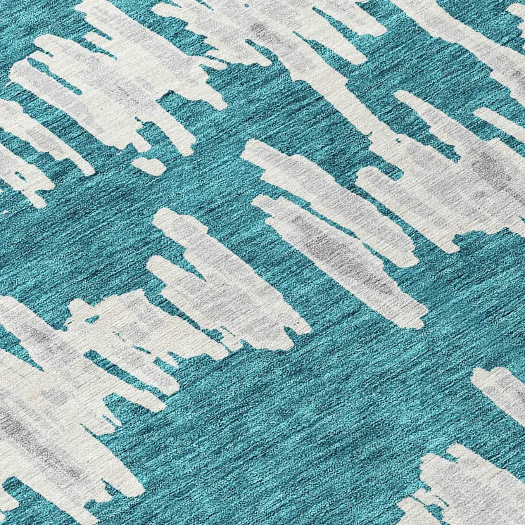 10' X 14' Teal Blue And Gray Striped Washable Indoor Outdoor Area Rug