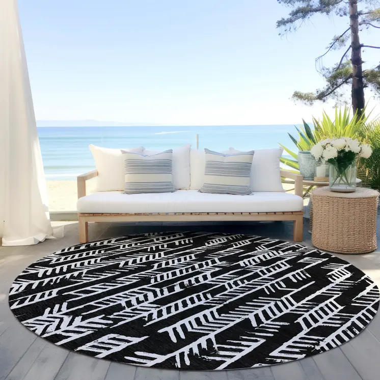 8' Black And Ivory Round Tribal Washable Indoor Outdoor Area Rug