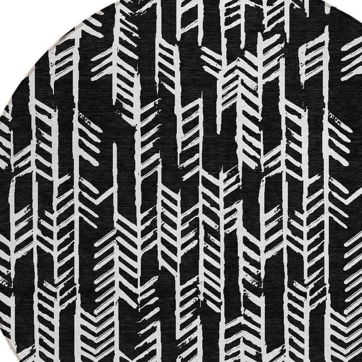 8' Black And Ivory Round Tribal Washable Indoor Outdoor Area Rug