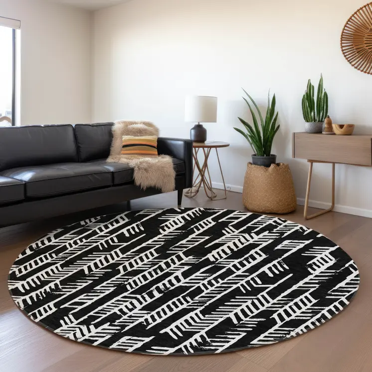 8' Black And Ivory Round Tribal Washable Indoor Outdoor Area Rug