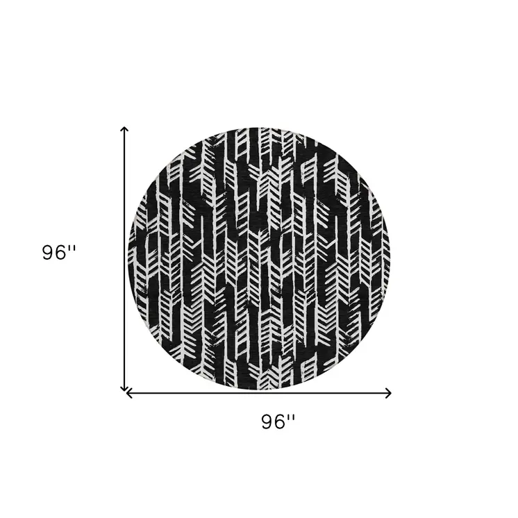 8' Black And Ivory Round Tribal Washable Indoor Outdoor Area Rug