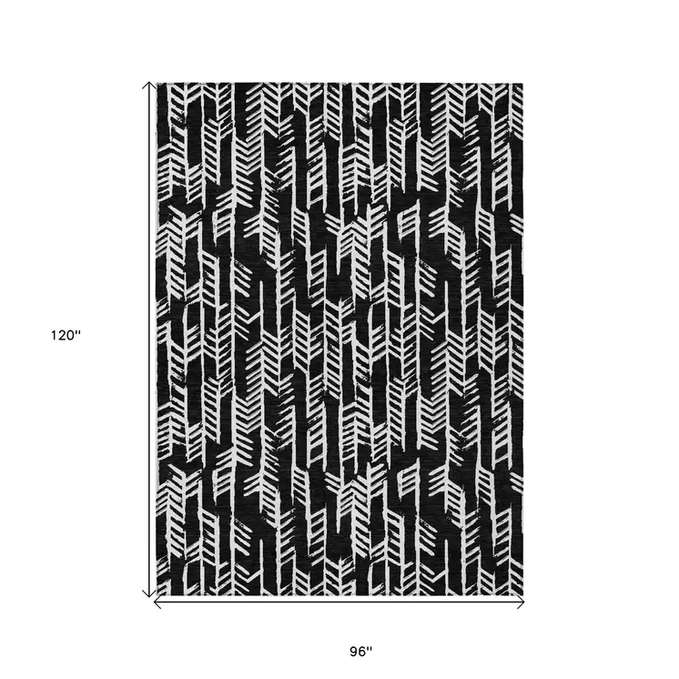 8' X 10' Black And Ivory Tribal Washable Indoor Outdoor Area Rug