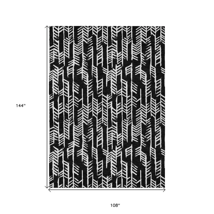 9' X 12' Black And Ivory Tribal Washable Indoor Outdoor Area Rug