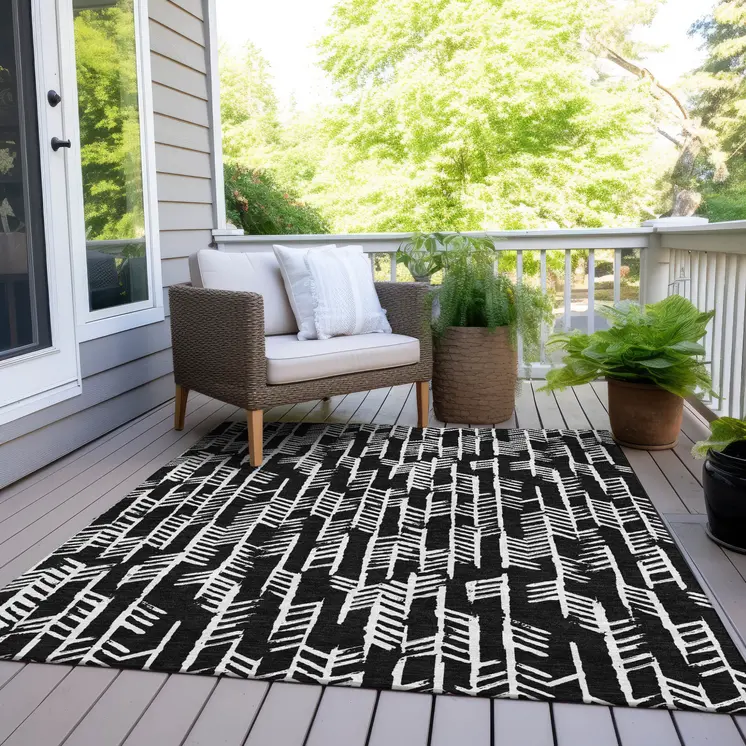 9' X 12' Black And Ivory Tribal Washable Indoor Outdoor Area Rug