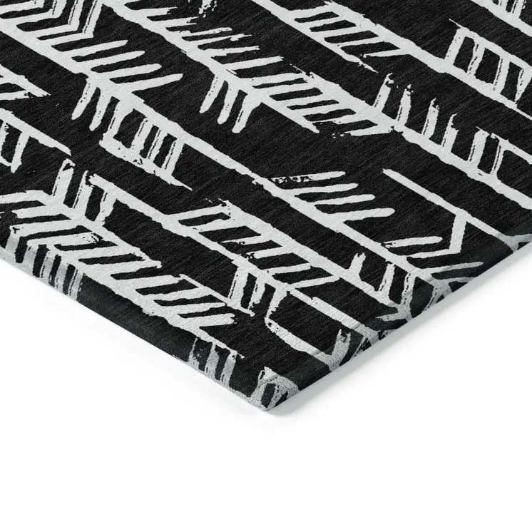 9' X 12' Black And Ivory Tribal Washable Indoor Outdoor Area Rug