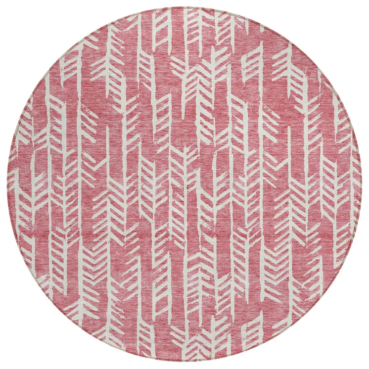 8' Blush And Ivory Round Tribal Washable Indoor Outdoor Area Rug