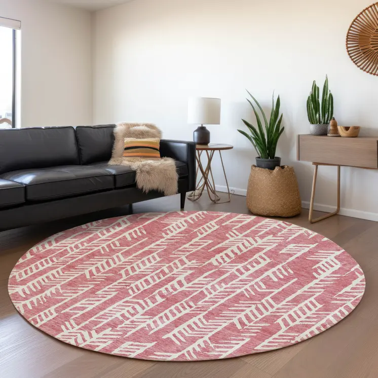 8' Blush And Ivory Round Tribal Washable Indoor Outdoor Area Rug