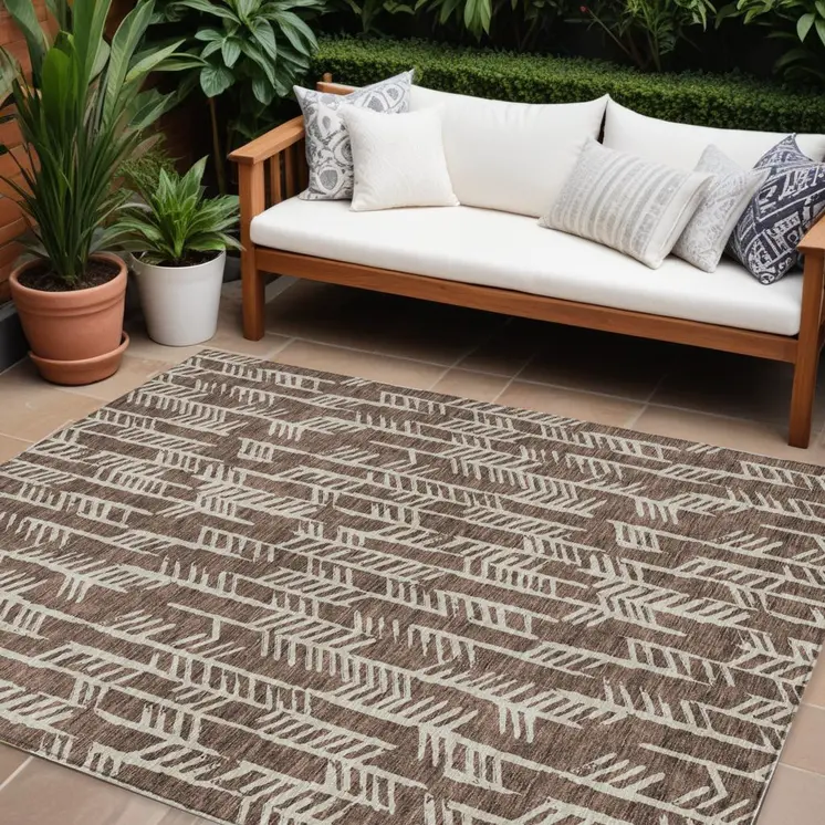 10' X 14' Brown And Beige Tribal Washable Indoor Outdoor Area Rug