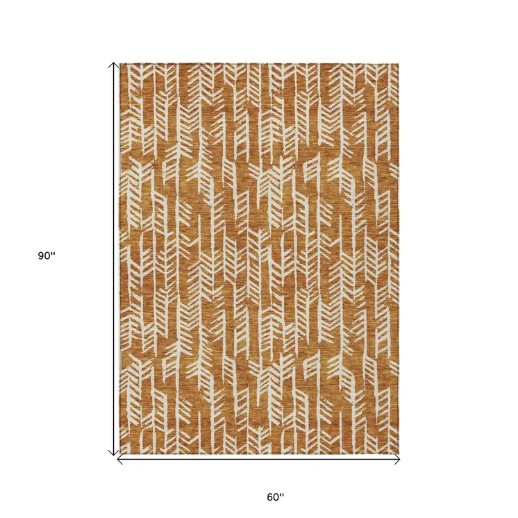 5' X 8' Copper And Ivory Tribal Washable Indoor Outdoor Area Rug