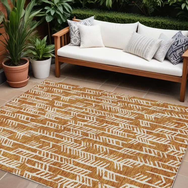 8' X 10' Copper And Ivory Tribal Washable Indoor Outdoor Area Rug