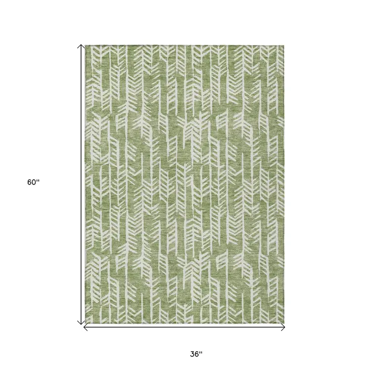 3' X 5' Green And Ivory Tribal Washable Indoor Outdoor Area Rug