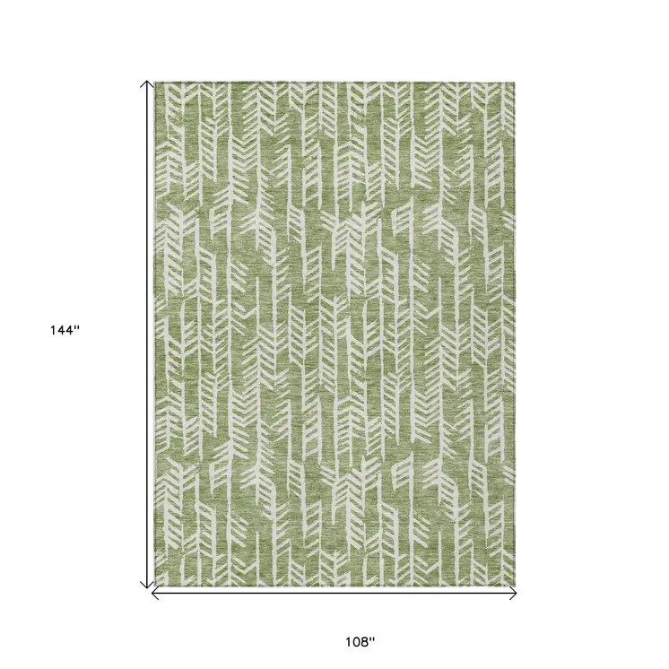 9' X 12' Green And Ivory Tribal Washable Indoor Outdoor Area Rug