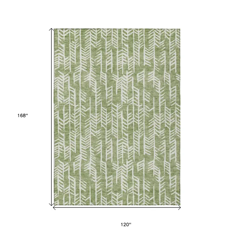 10' X 14' Green And Ivory Tribal Washable Indoor Outdoor Area Rug
