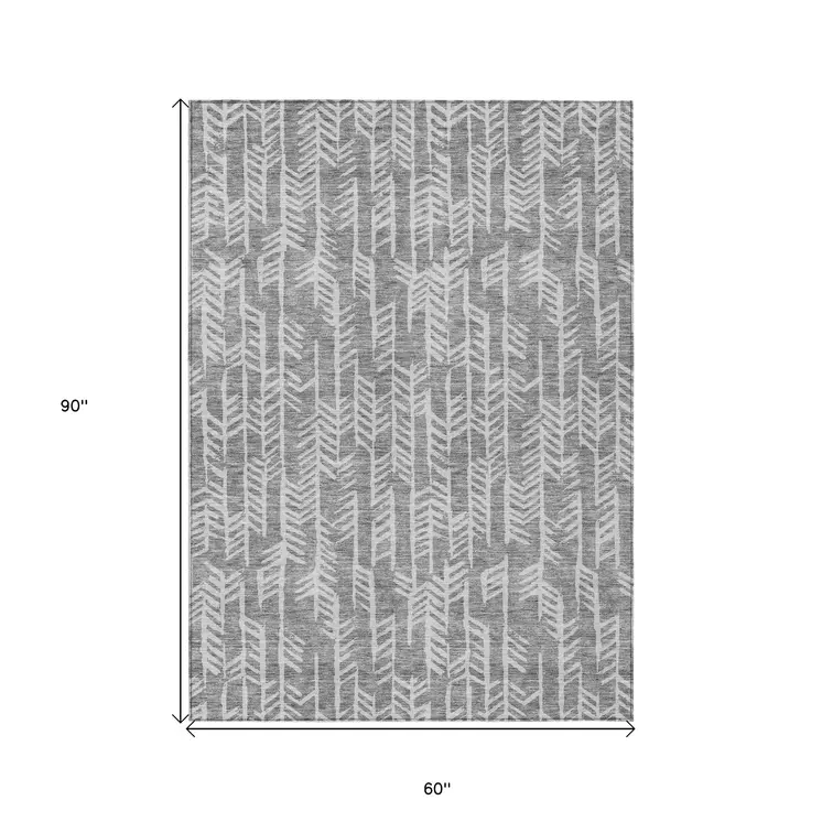 5' X 8' Gray And Silver Tribal Washable Indoor Outdoor Area Rug