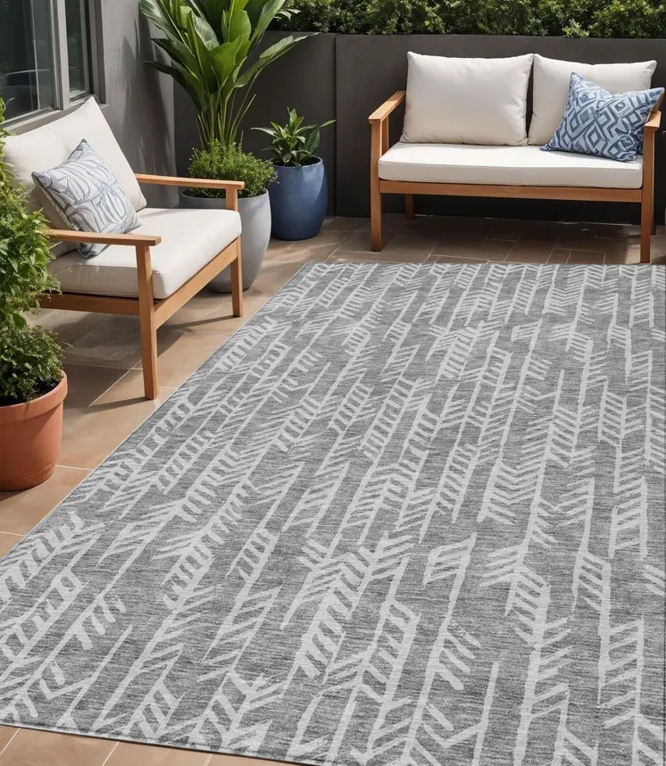5' X 8' Gray And Silver Tribal Washable Indoor Outdoor Area Rug