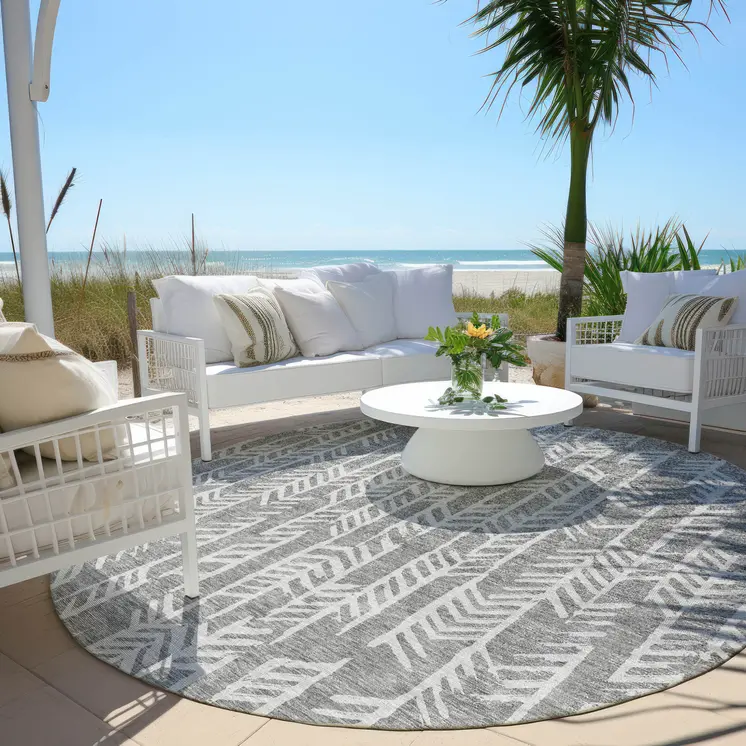 8' Gray And Silver Round Tribal Washable Indoor Outdoor Area Rug