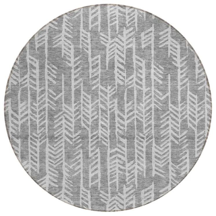 8' Gray And Silver Round Tribal Washable Indoor Outdoor Area Rug