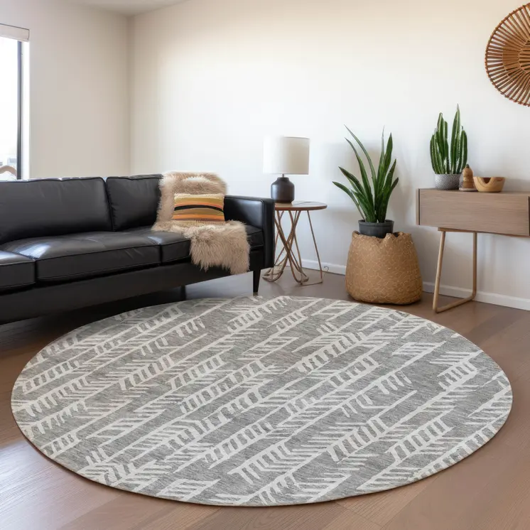 8' Gray And Silver Round Tribal Washable Indoor Outdoor Area Rug