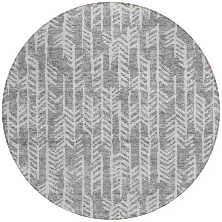 8' Gray And Silver Round Tribal Washable Indoor Outdoor Area Rug