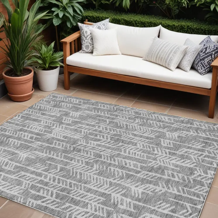 10' X 14' Gray And Silver Tribal Washable Indoor Outdoor Area Rug