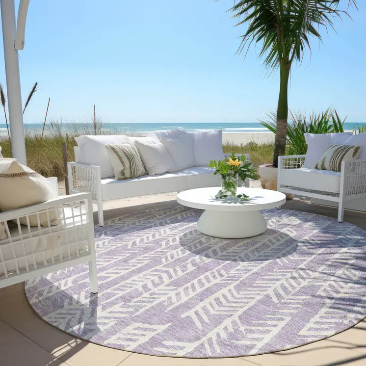 8' Lavender And Ivory Round Tribal Washable Indoor Outdoor Area Rug