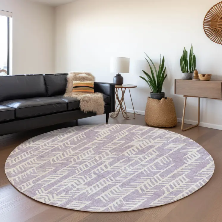 8' Lavender And Ivory Round Tribal Washable Indoor Outdoor Area Rug