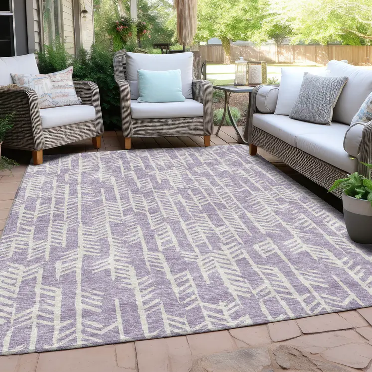 9' X 12' Lavender And Ivory Tribal Washable Indoor Outdoor Area Rug