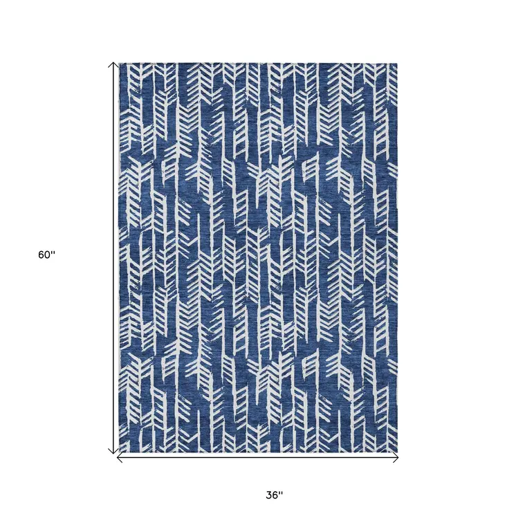 3' X 5' Navy Blue And Ivory Tribal Washable Indoor Outdoor Area Rug