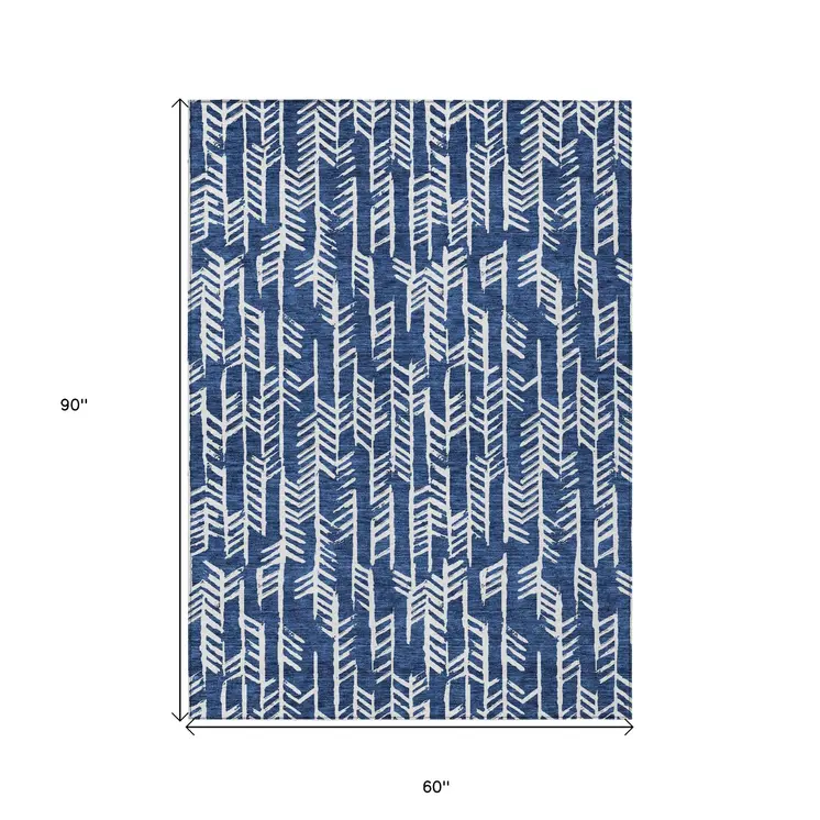 5' X 8' Navy Blue And Ivory Tribal Washable Indoor Outdoor Area Rug
