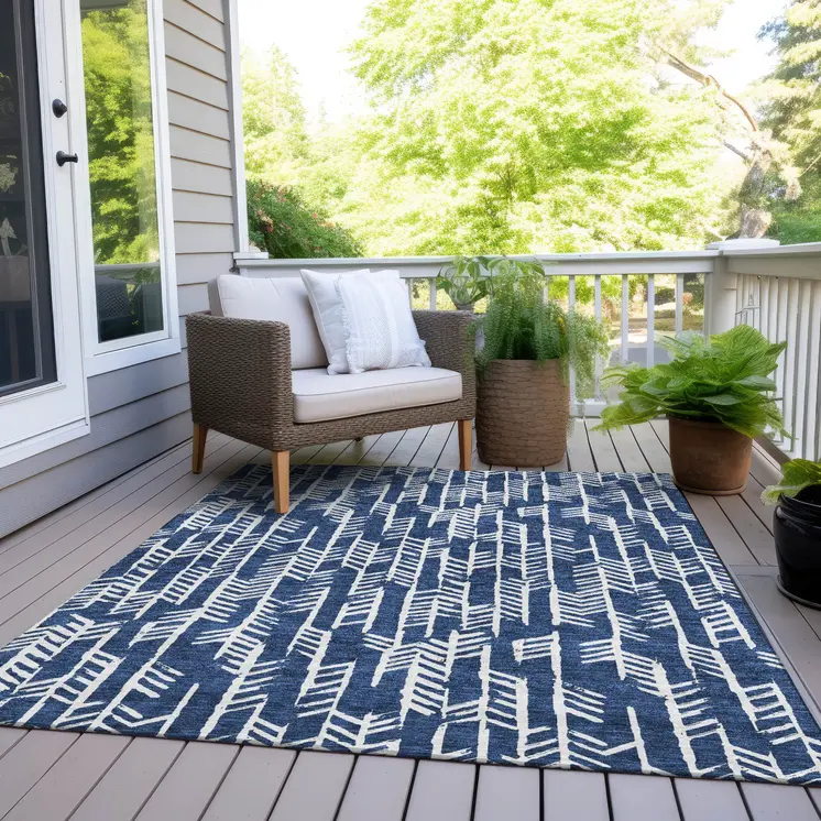 5' X 8' Navy Blue And Ivory Tribal Washable Indoor Outdoor Area Rug