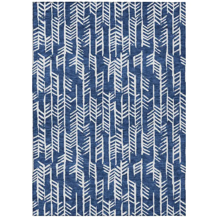 5' X 8' Navy Blue And Ivory Tribal Washable Indoor Outdoor Area Rug