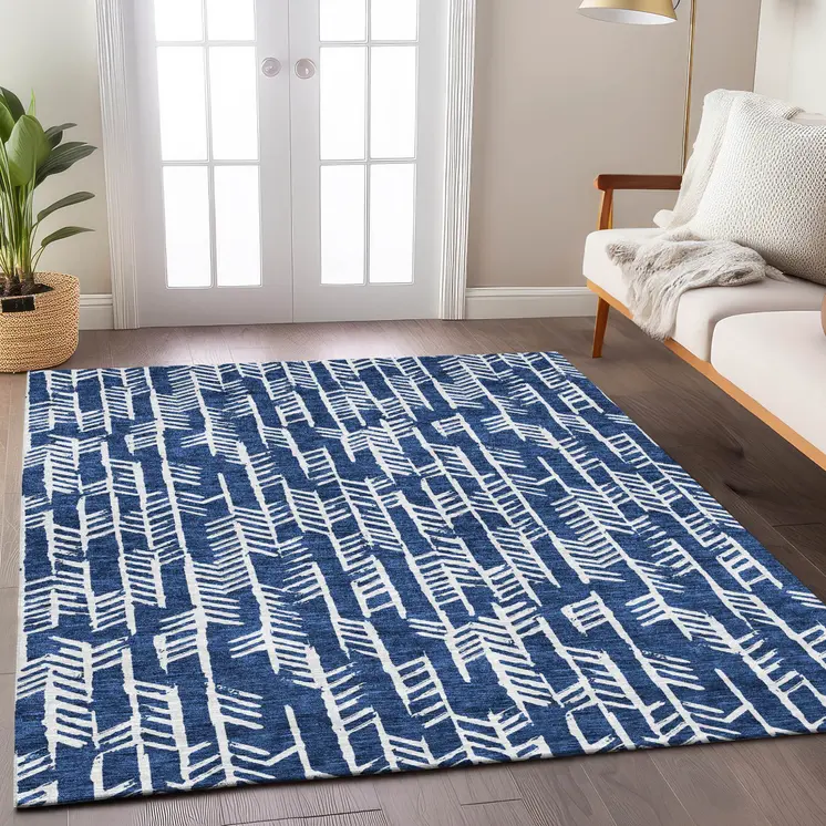 8' X 10' Navy Blue And Ivory Tribal Washable Indoor Outdoor Area Rug