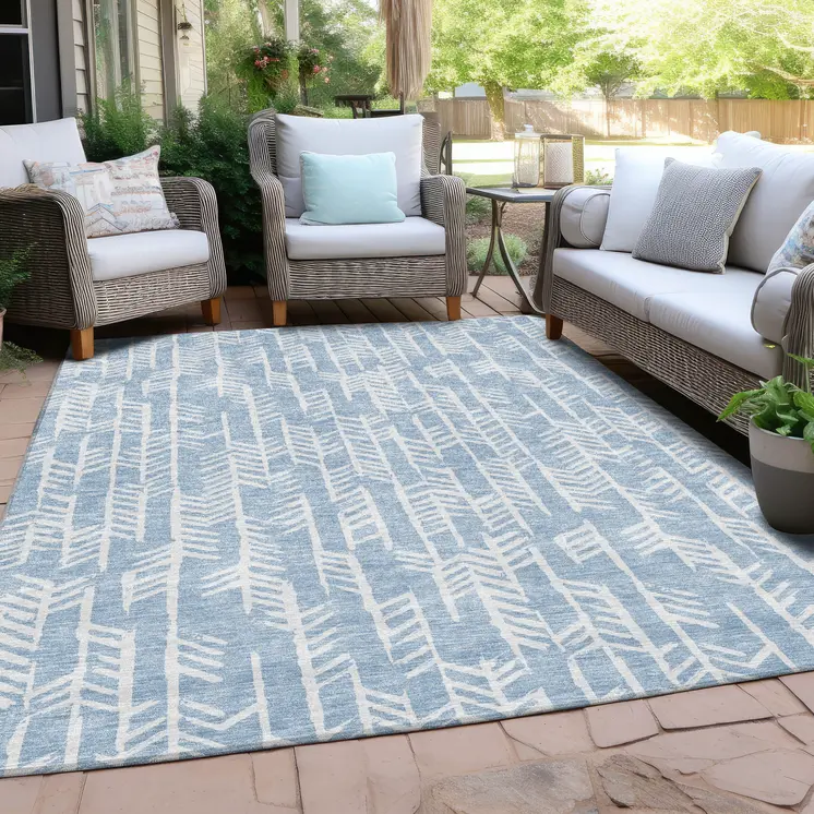 9' X 12' Sky Blue And Ivory Tribal Washable Indoor Outdoor Area Rug