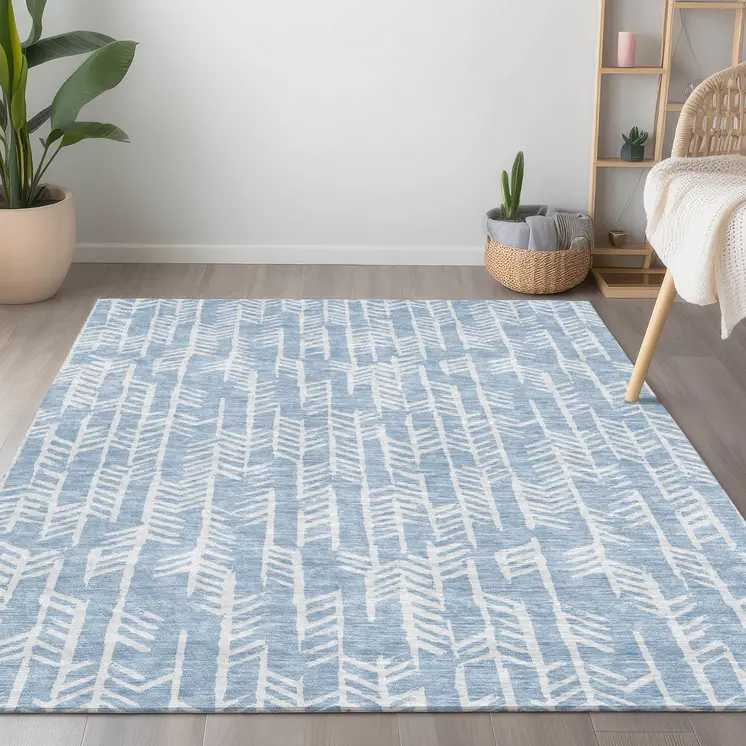 9' X 12' Sky Blue And Ivory Tribal Washable Indoor Outdoor Area Rug