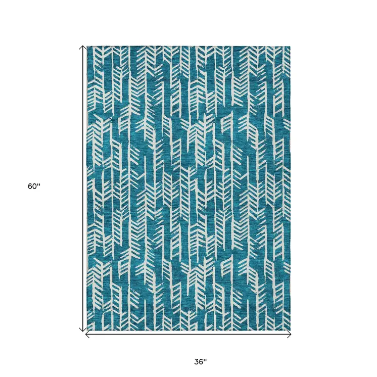 3' X 5' Teal Blue And Ivory Tribal Washable Indoor Outdoor Area Rug